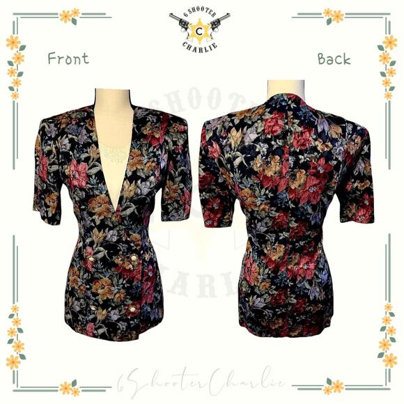 Vintage Womens Dawn Joy Textured Floral Short Sleeve Blazer 4 Button Sz 6 Multi - Picture 1 of 5